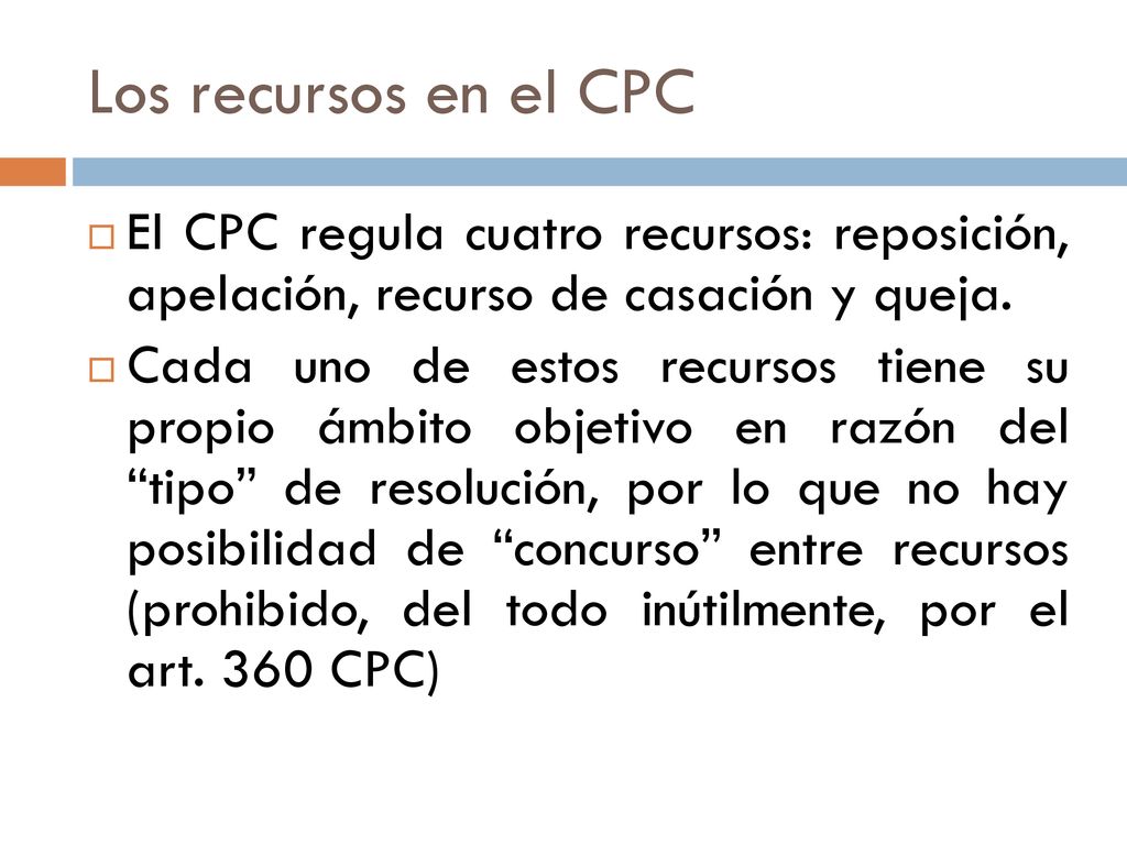 Los recursos en el CPC El CPC regula cuatro recursos: reposición, apelación, recurso de casación y queja.