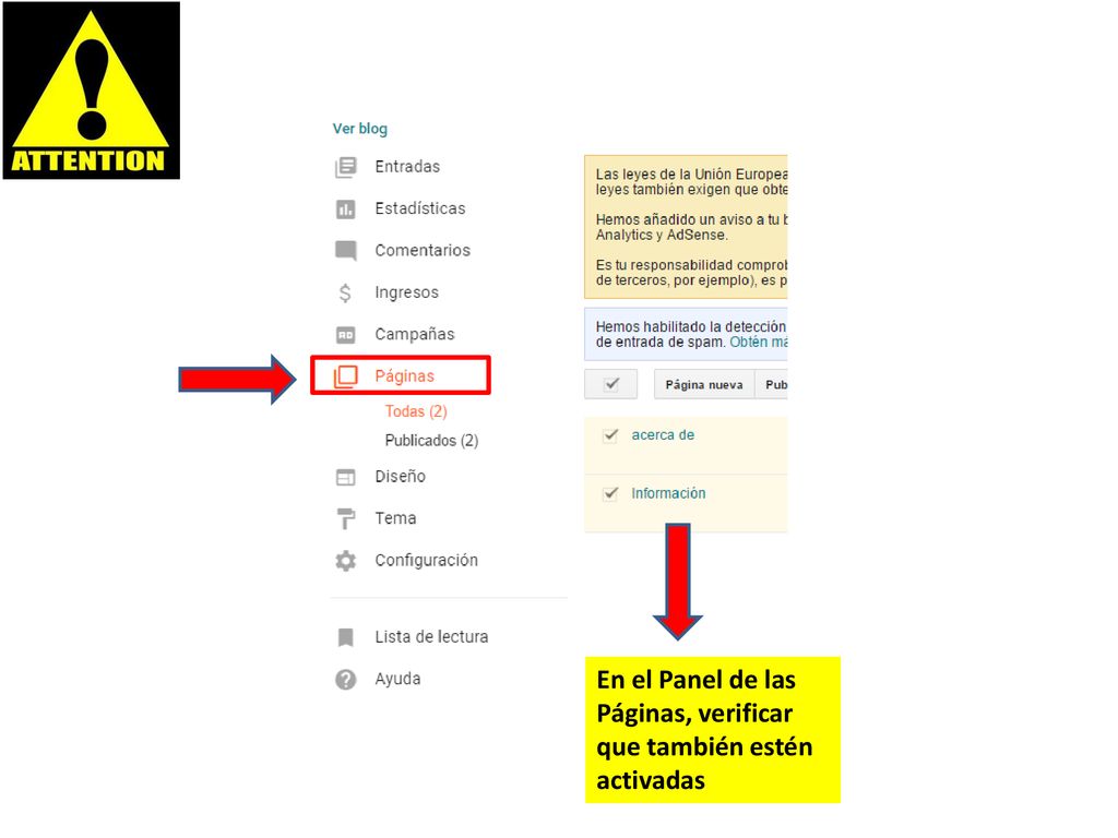 En el Panel de las Páginas, verificar que también estén activadas
