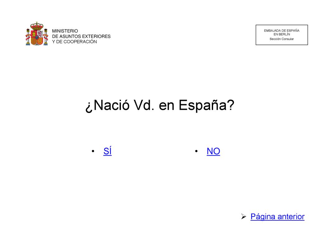 ¿Nació Vd. en España SÍ NO Página anterior MINISTERIO