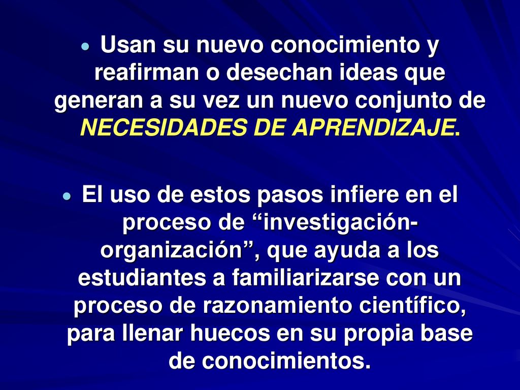 Usan su nuevo conocimiento y reafirman o desechan ideas que generan a su vez un nuevo conjunto de NECESIDADES DE APRENDIZAJE.