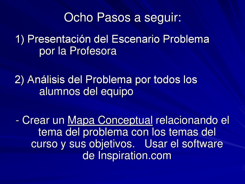 Ocho Pasos a seguir: 1) Presentación del Escenario Problema por la Profesora. 2) Análisis del Problema por todos los alumnos del equipo.
