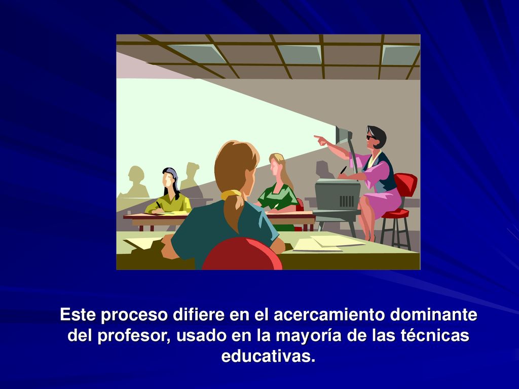 Este proceso difiere en el acercamiento dominante del profesor, usado en la mayoría de las técnicas educativas.