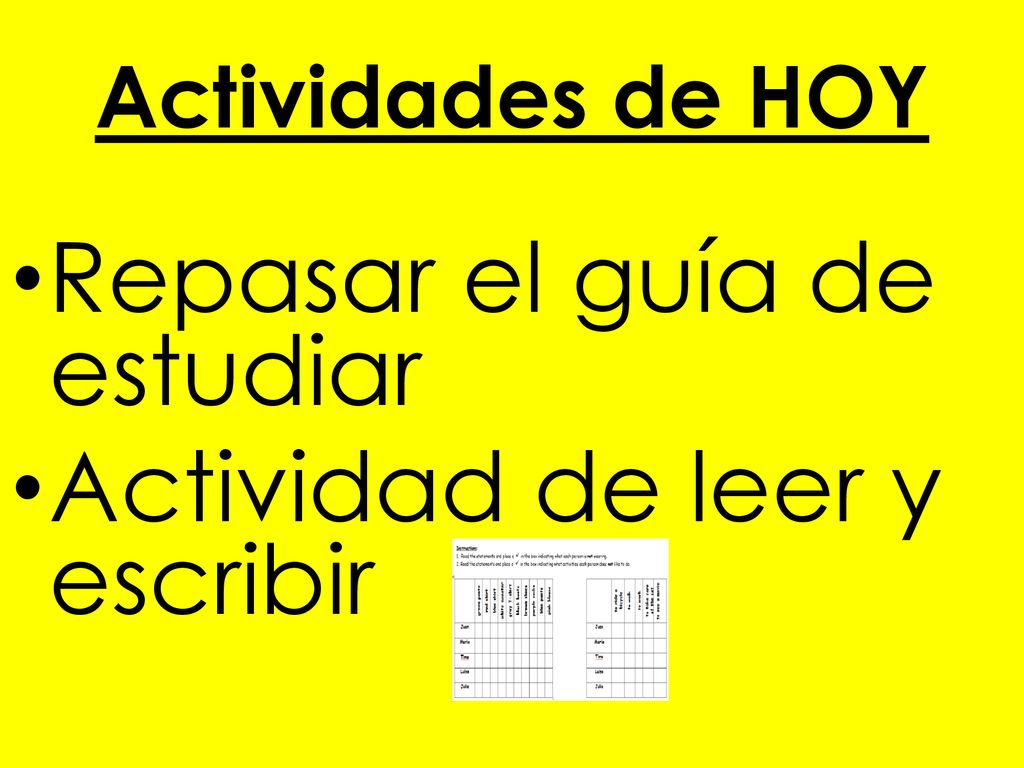 Repasar el guía de estudiar Actividad de leer y escribir
