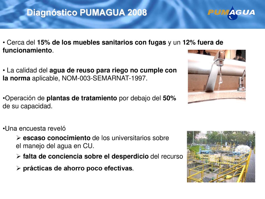 Diagnóstico PUMAGUA 2008 Cerca del 15% de los muebles sanitarios con fugas y un 12% fuera de funcionamiento.