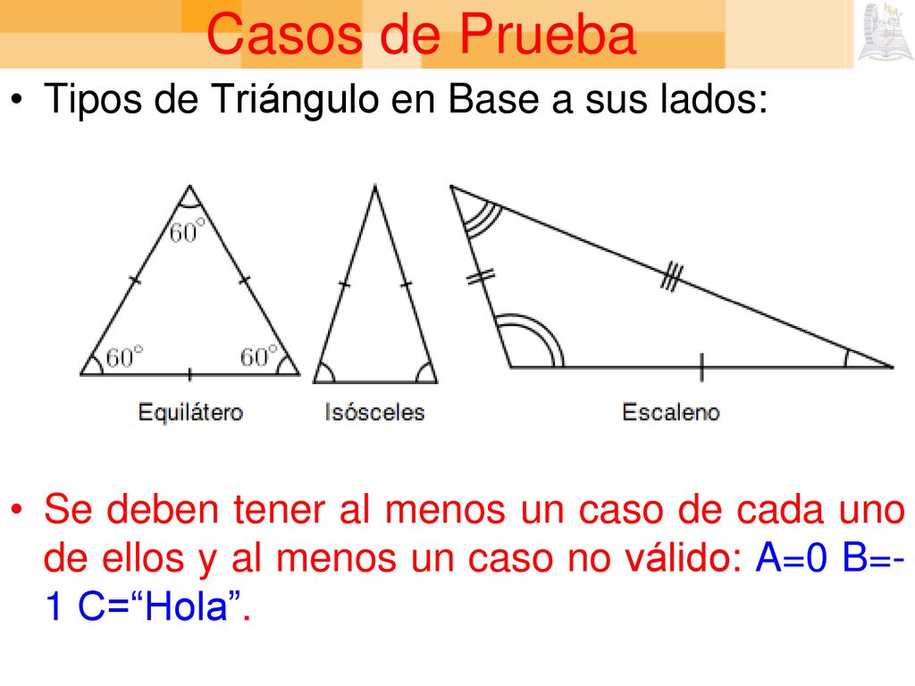 Casos de Prueba Tipos de Triángulo en Base a sus lados: