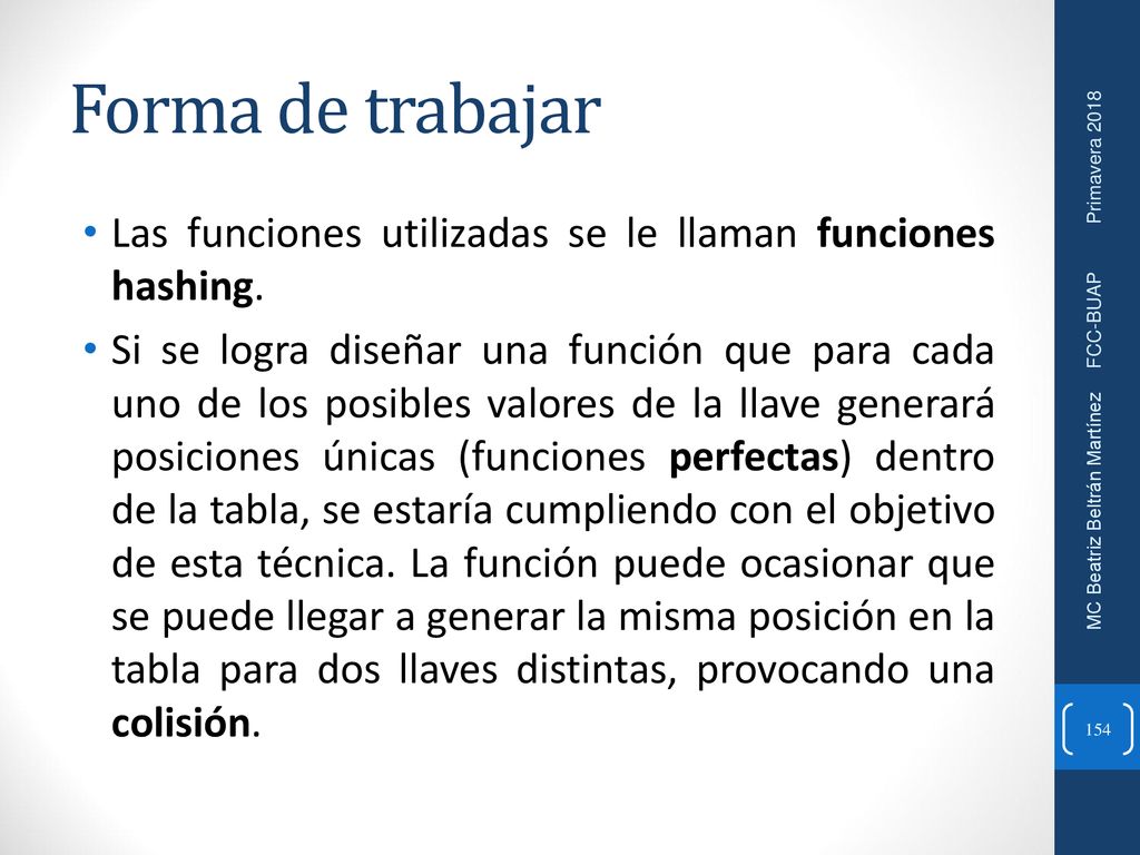 Forma de trabajar Las funciones utilizadas se le llaman funciones hashing.