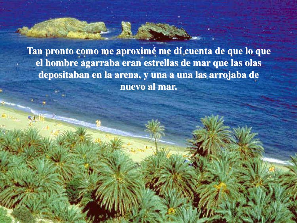 Tan pronto como me aproximé me dí cuenta de que lo que el hombre agarraba eran estrellas de mar que las olas depositaban en la arena, y una a una las arrojaba de nuevo al mar.