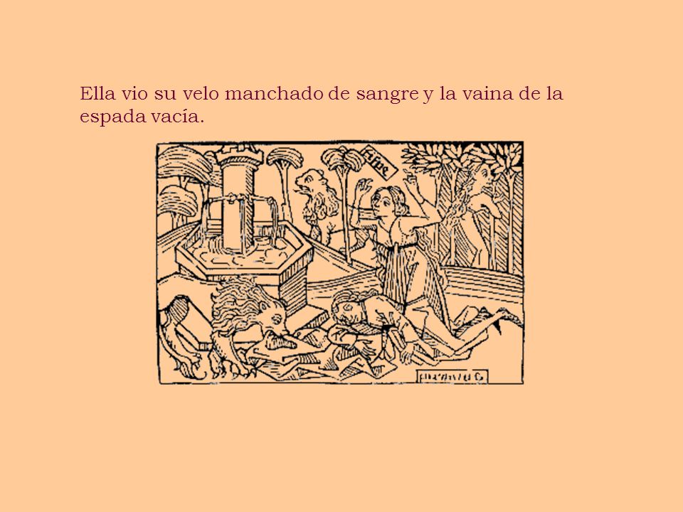 Ella vio su velo manchado de sangre y la vaina de la espada vacía.