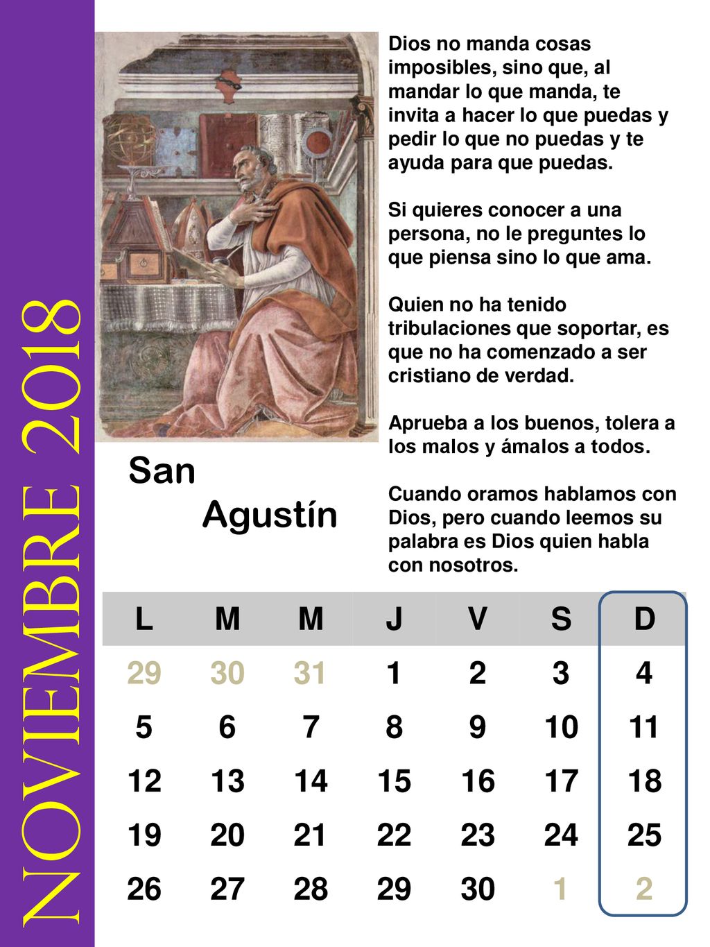 noviembre 2018 San Agustín L M J V S D