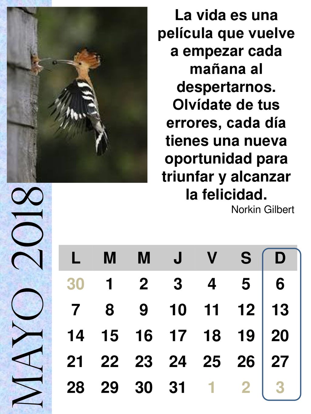 La vida es una película que vuelve a empezar cada mañana al despertarnos. Olvídate de tus errores, cada día tienes una nueva oportunidad para triunfar y alcanzar la felicidad.