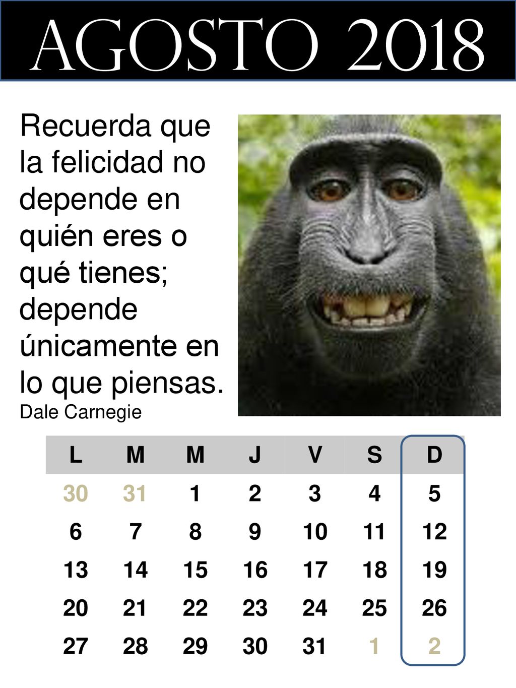 agosto 2018 Recuerda que la felicidad no depende en quién eres o qué tienes; depende únicamente en lo que piensas. Dale Carnegie.