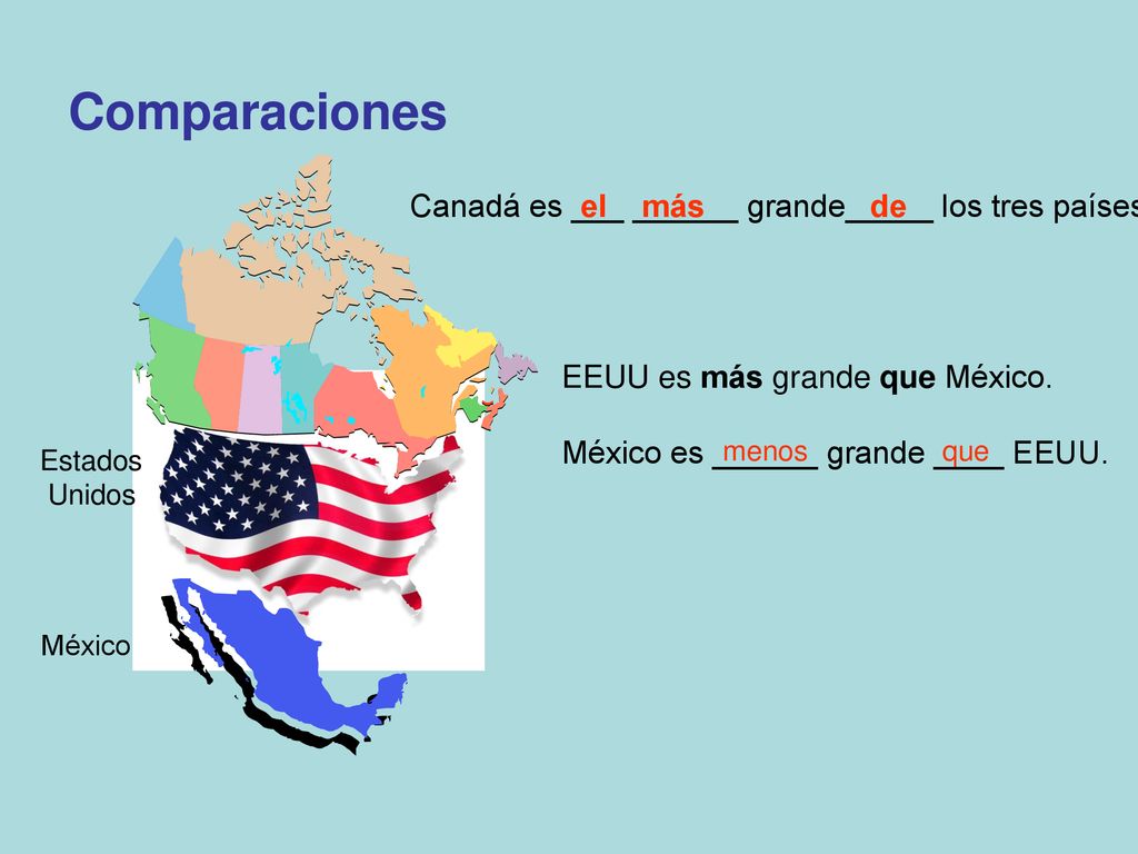 Comparaciones Canadá es ___ ______ grande_____ los tres países.