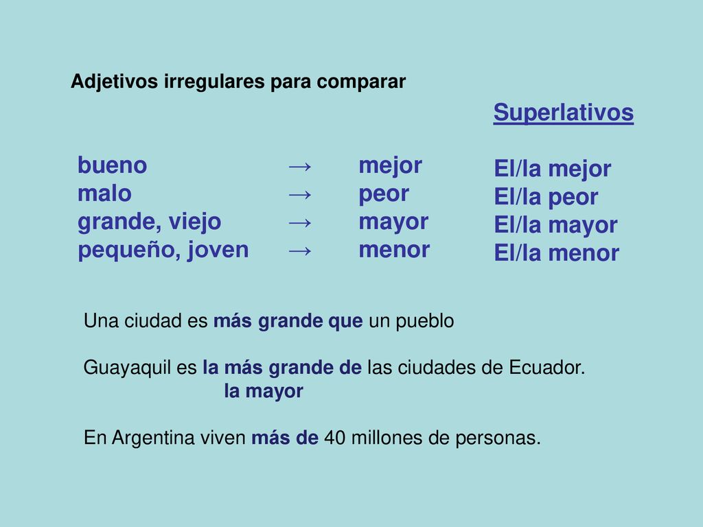 Superlativos El/la mejor El/la peor bueno → mejor El/la mayor