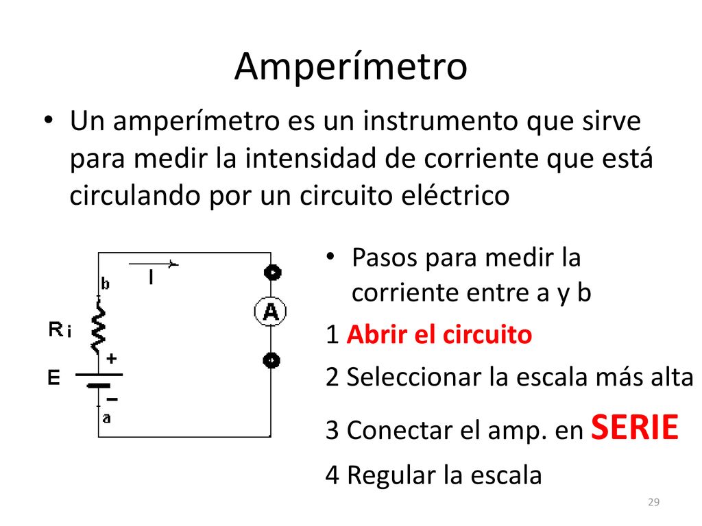 Amperímetro Un amperímetro es un instrumento que sirve para medir la intensidad de corriente que está circulando por un circuito eléctrico.