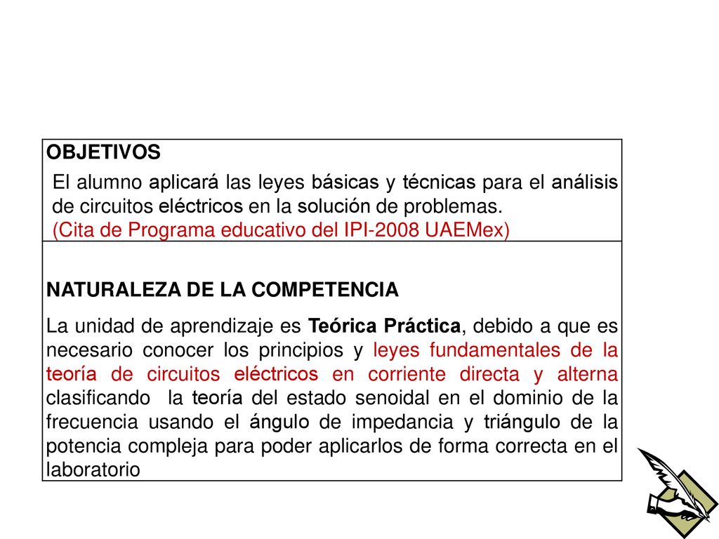 OBJETIVOS El alumno aplicará las leyes básicas y técnicas para el análisis de circuitos eléctricos en la solución de problemas.