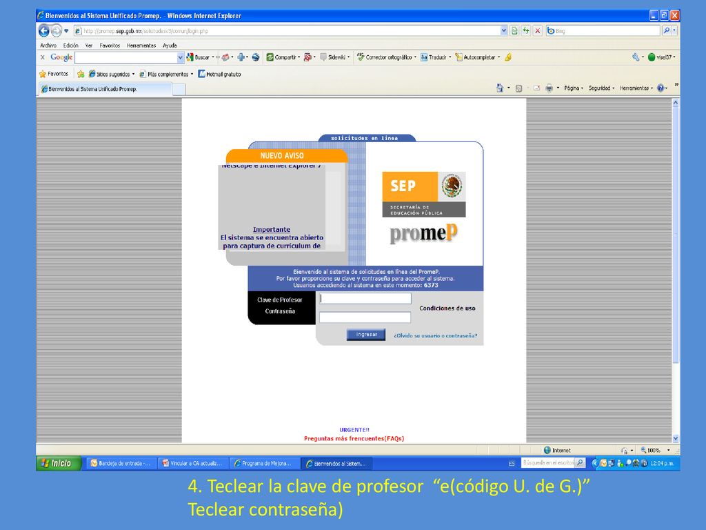 4. Teclear la clave de profesor e(código U. de G.)