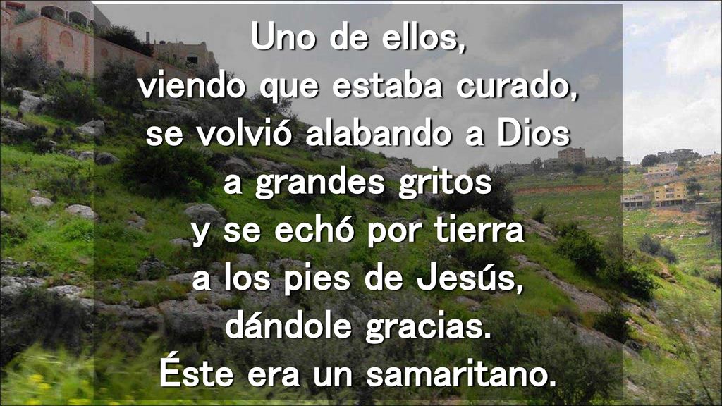 Uno de ellos, viendo que estaba curado, se volvió alabando a Dios a grandes gritos y se echó por tierra a los pies de Jesús, dándole gracias.