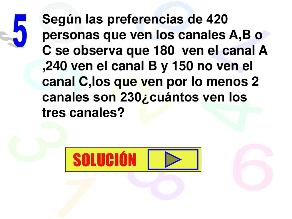 Según las preferencias de 420 personas que ven los canales A,B o C se observa que 180 ven el canal A ,240 ven el canal B y 150 no ven el canal C,los que ven por lo menos 2 canales son 230¿cuántos ven los tres canales