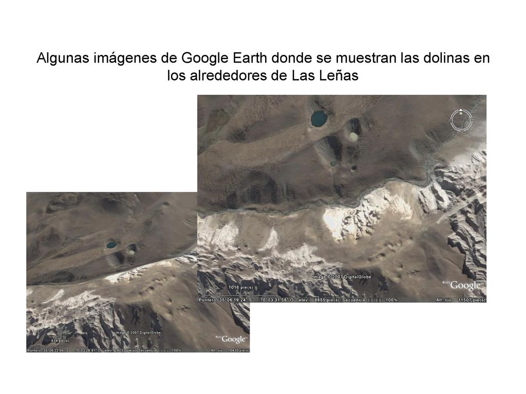 Algunas imágenes de Google Earth donde se muestran las dolinas en los alrededores de Las Leñas