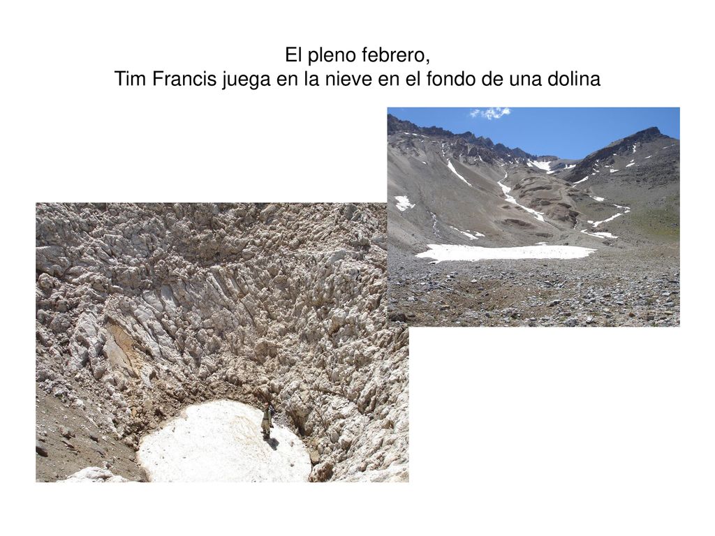 El pleno febrero, Tim Francis juega en la nieve en el fondo de una dolina