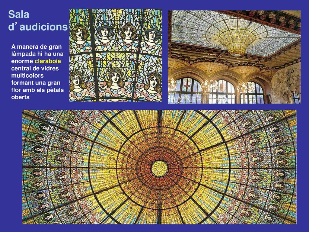 Sala d’audicions A manera de gran làmpada hi ha una enorme claraboia central de vidres multicolors formant una gran flor amb els pètals oberts.