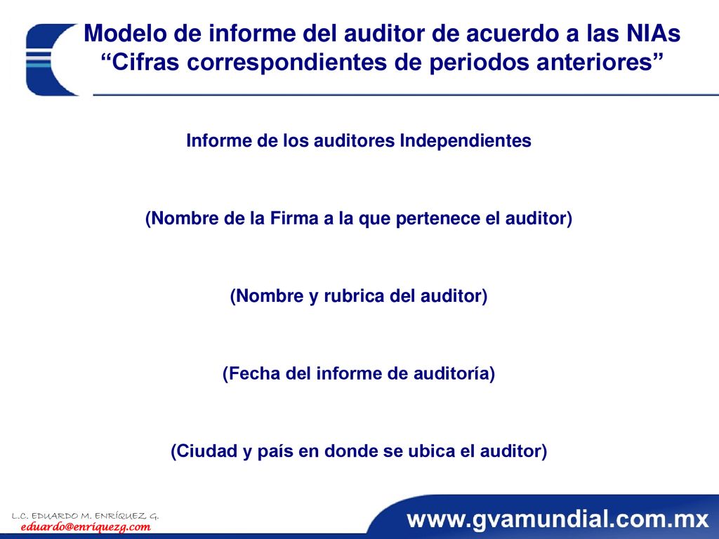 Modelo de informe del auditor de acuerdo a las NIAs Cifras correspondientes de periodos anteriores