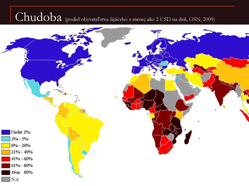 Chudoba (podiel obyvateľstva žijúceho z menej ako 2 USD na deň, OSN, 2009)