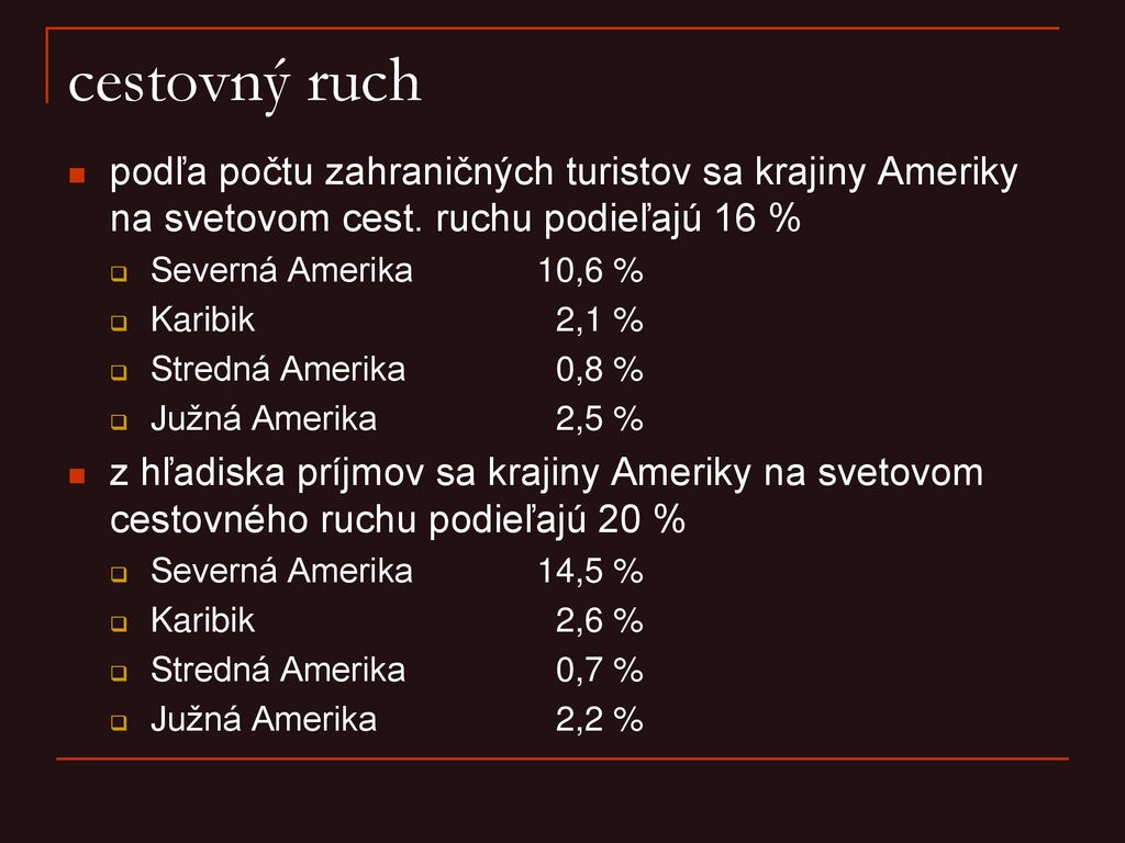 cestovný ruch podľa počtu zahraničných turistov sa krajiny Ameriky na svetovom cest. ruchu podieľajú 16 %