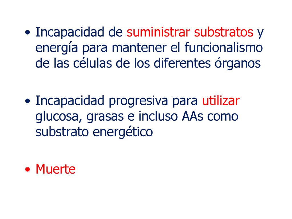Incapacidad de suministrar substratos y energía para mantener el funcionalismo de las células de los diferentes órganos