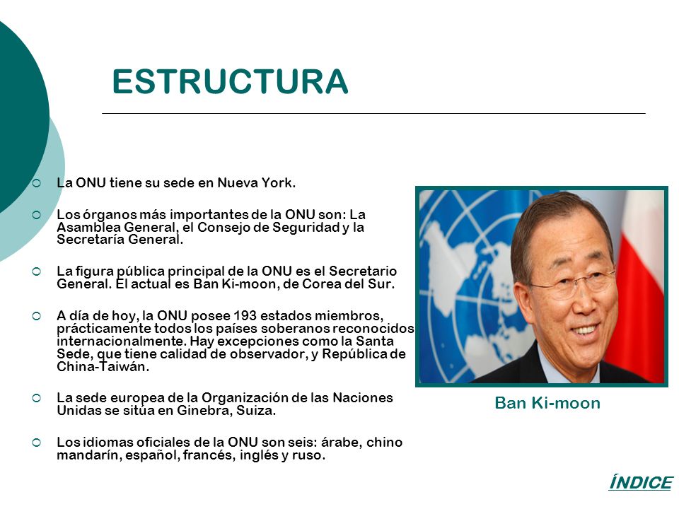 ESTRUCTURA Ban Ki-moon ÍNDICE La ONU tiene su sede en Nueva York.