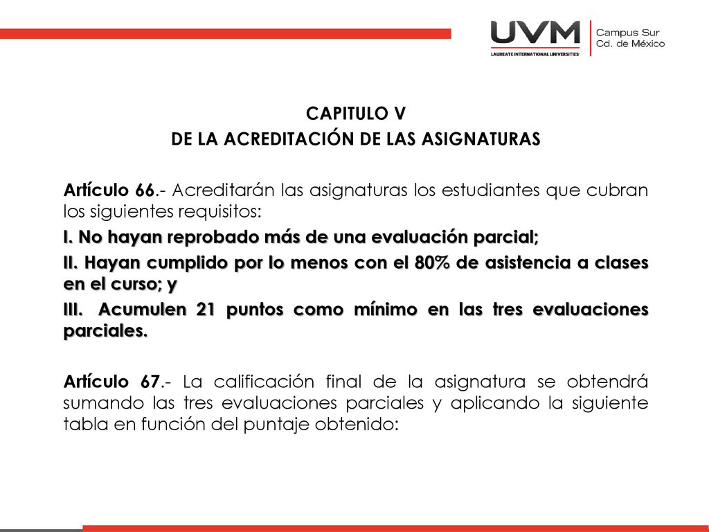 CAPITULO V DE LA ACREDITACIÓN DE LAS ASIGNATURAS Artículo 66