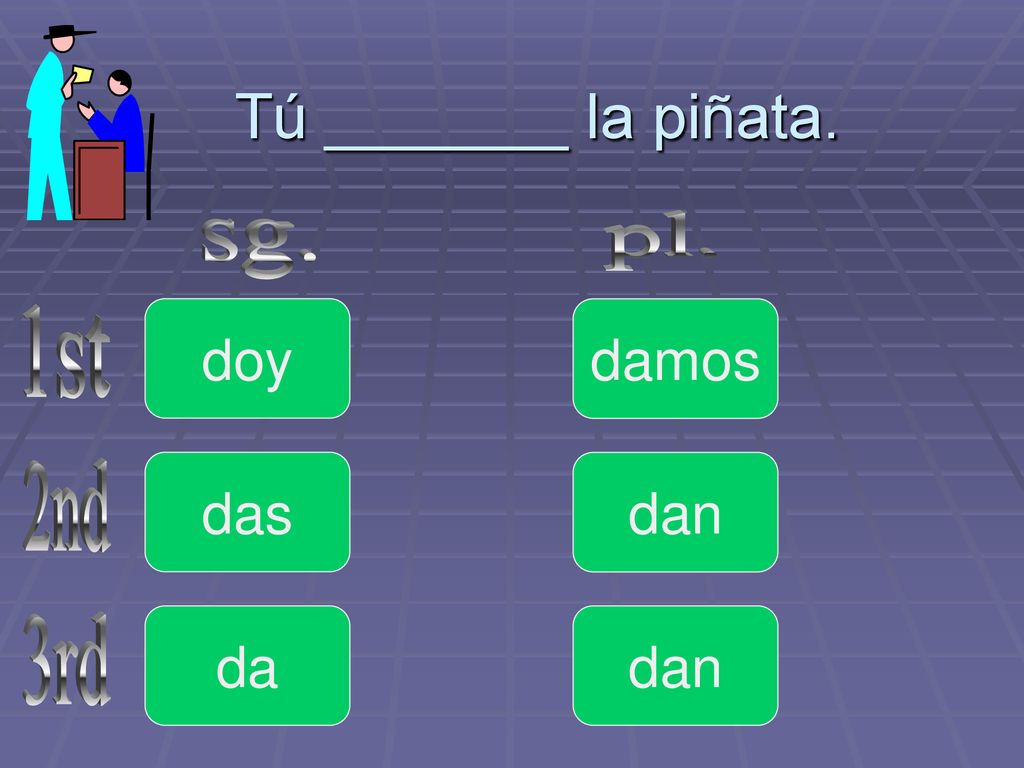 Tú _______ la piñata. pl. sg. doy damos 1st das dan 2nd da dan 3rd