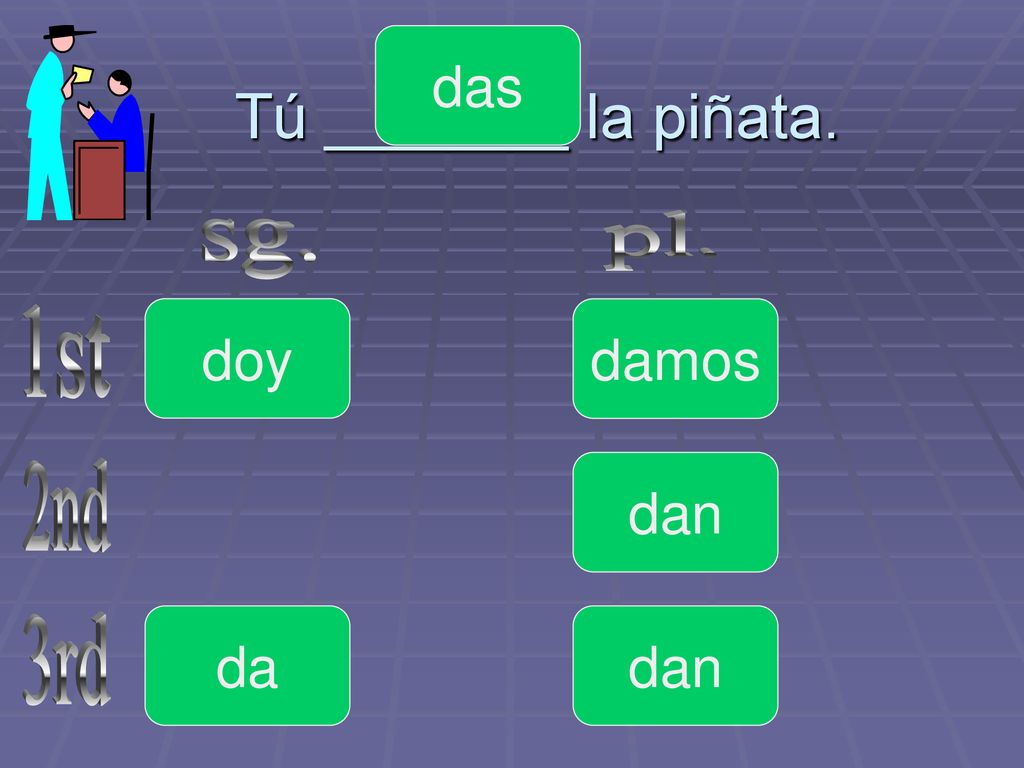 das Tú _______ la piñata. pl. sg. doy damos 1st dan 2nd da dan 3rd