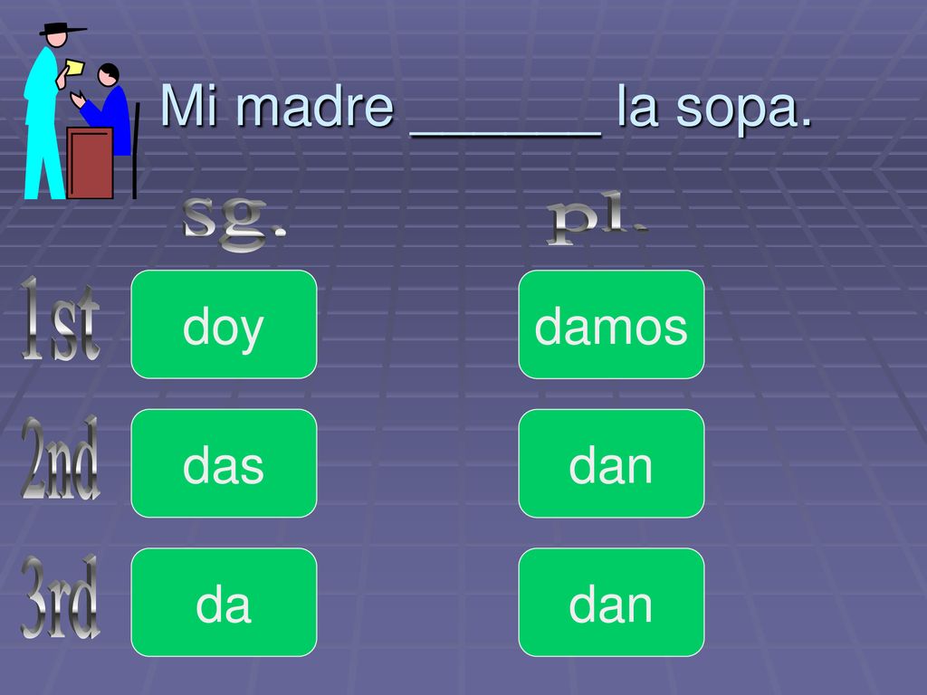 Mi madre ______ la sopa. pl. sg. doy damos 1st das dan 2nd da dan 3rd
