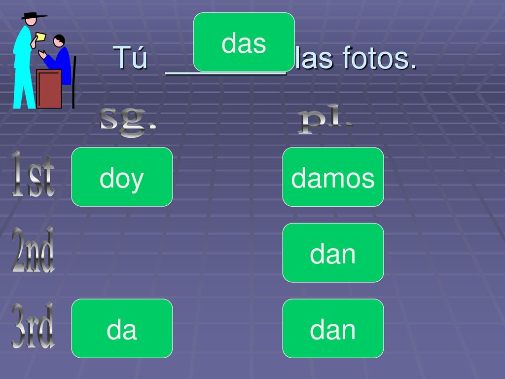das Tú _______ las fotos. pl. sg. doy damos 1st dan 2nd da dan 3rd