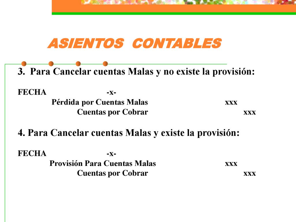 ASIENTOS CONTABLES 3. Para Cancelar cuentas Malas y no existe la provisión: FECHA -x- Pérdida por Cuentas Malas xxx.