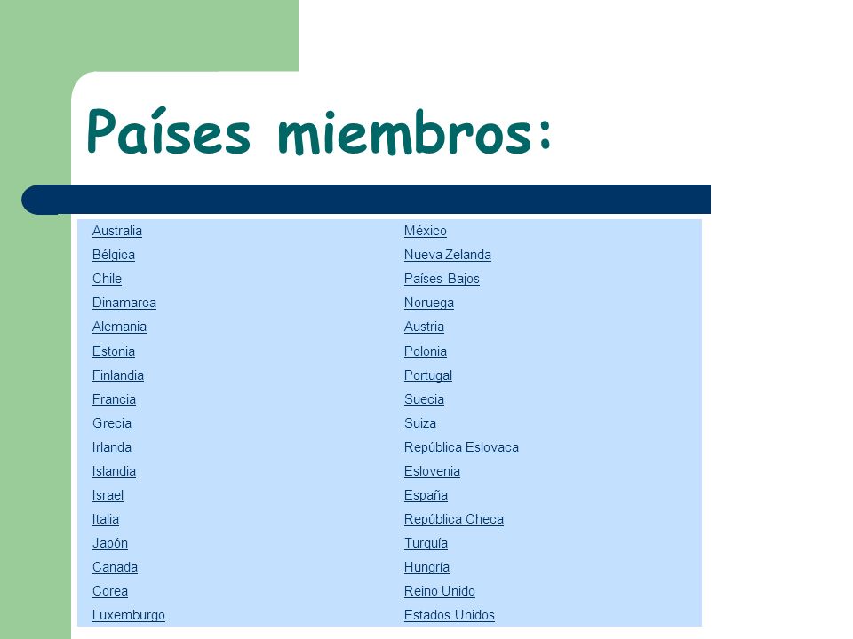 Países miembros: Australia México Bélgica Nueva Zelanda Chile