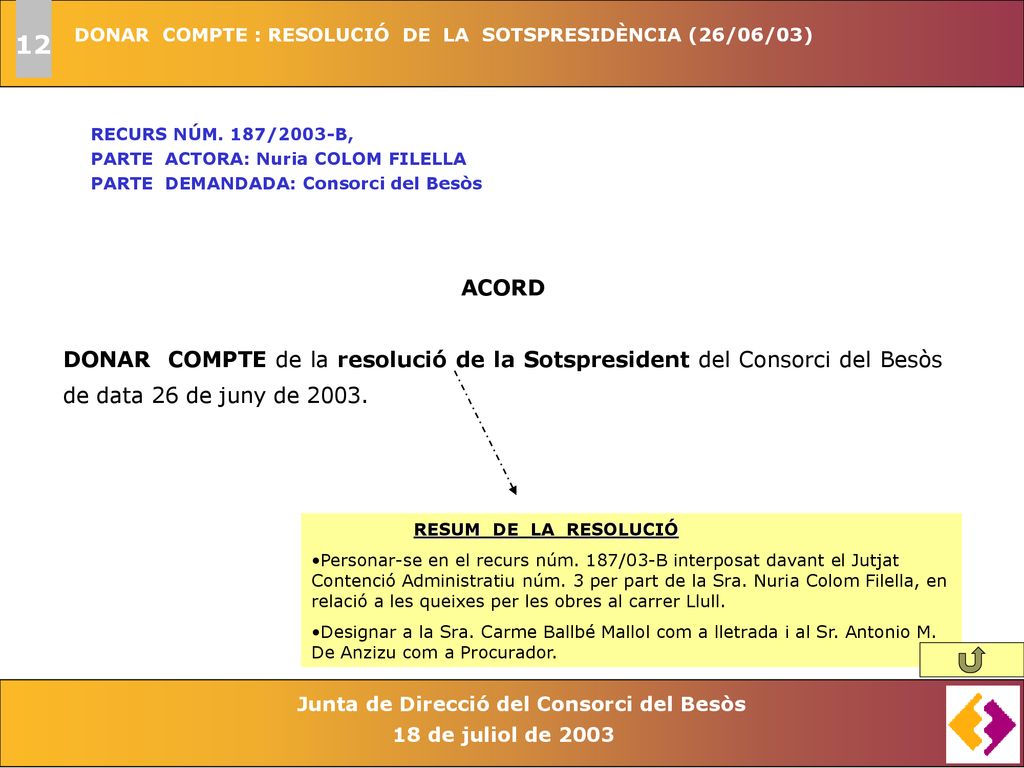 12 DONAR COMPTE : RESOLUCIÓ DE LA SOTSPRESIDÈNCIA (26/06/03) RECURS NÚM. 187/2003-B, PARTE ACTORA: Nuria COLOM FILELLA.