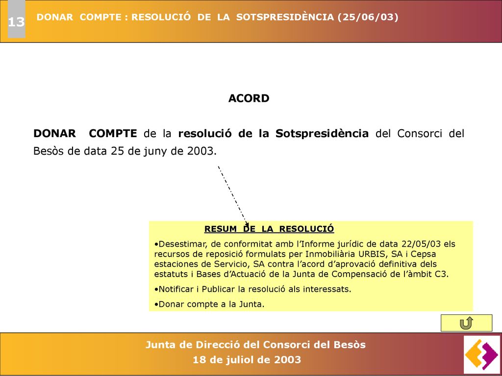 13 DONAR COMPTE : RESOLUCIÓ DE LA SOTSPRESIDÈNCIA (25/06/03) ACORD.
