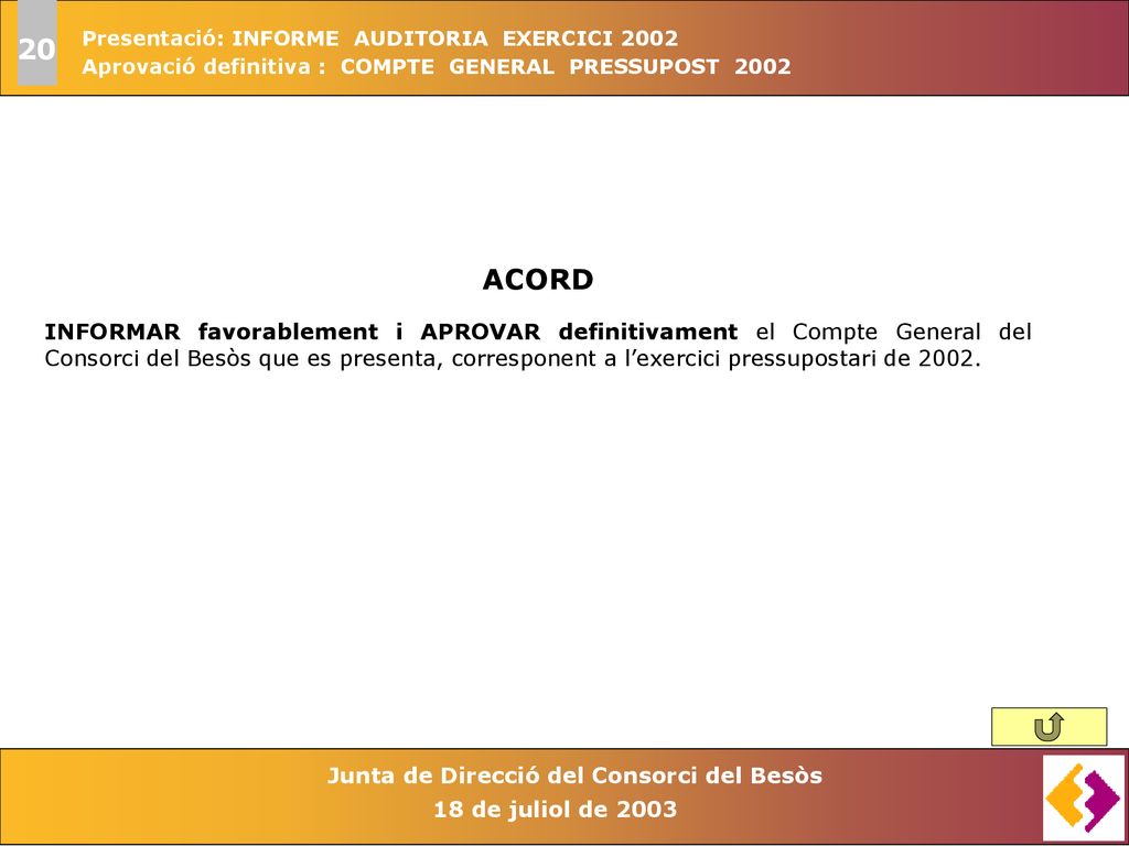 20 Presentació: INFORME AUDITORIA EXERCICI Aprovació definitiva : COMPTE GENERAL PRESSUPOST