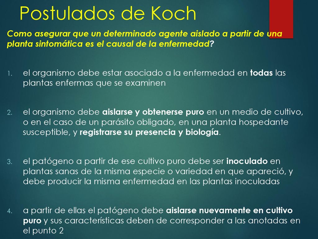 Postulados de Koch Como asegurar que un determinado agente aislado a partir de una planta sintomática es el causal de la enfermedad