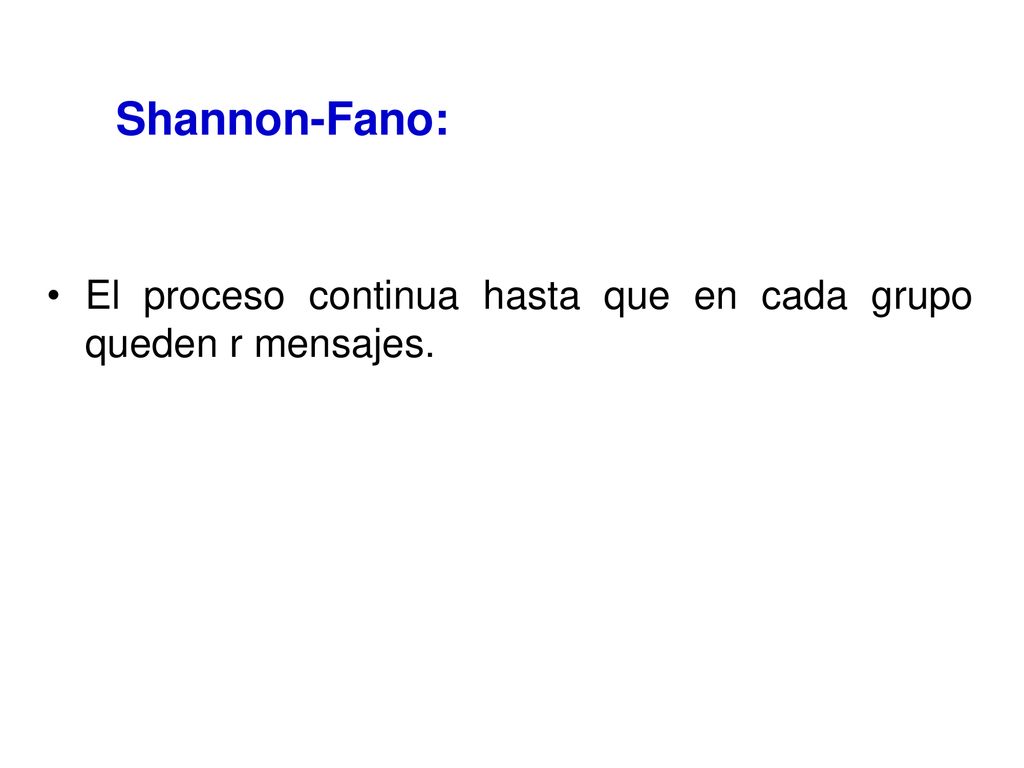 Shannon-Fano: El proceso continua hasta que en cada grupo queden r mensajes.