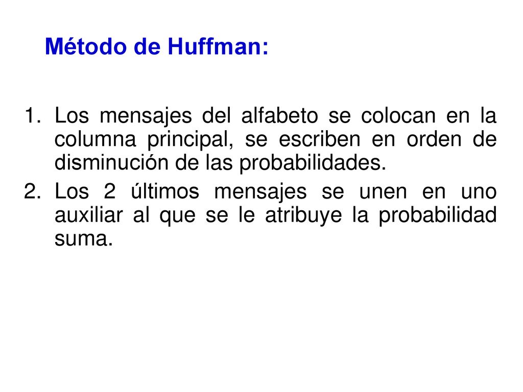 Método de Huffman: Los mensajes del alfabeto se colocan en la columna principal, se escriben en orden de disminución de las probabilidades.