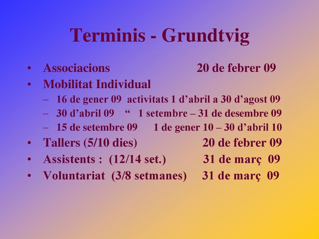 Terminis - Grundtvig Associacions 20 de febrer 09 Mobilitat Individual