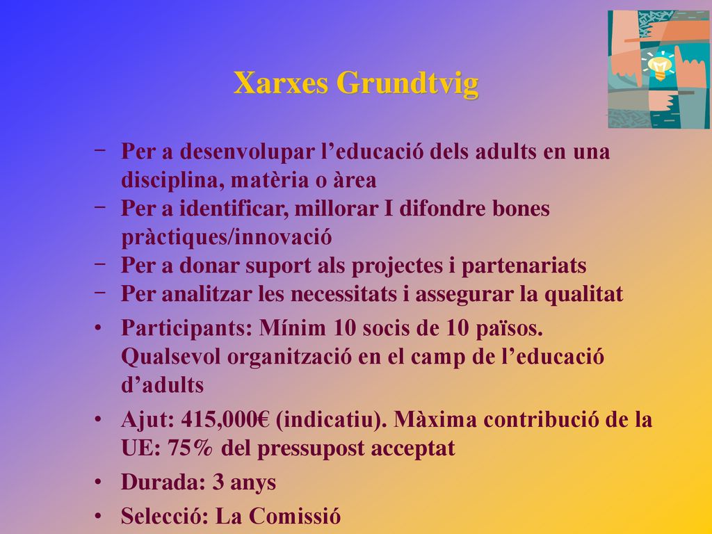 Xarxes Grundtvig Per a desenvolupar l’educació dels adults en una disciplina, matèria o àrea.
