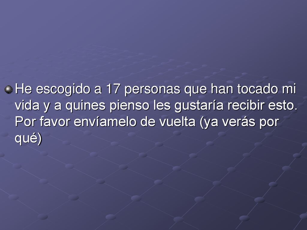 He escogido a 17 personas que han tocado mi vida y a quines pienso les gustaría recibir esto.