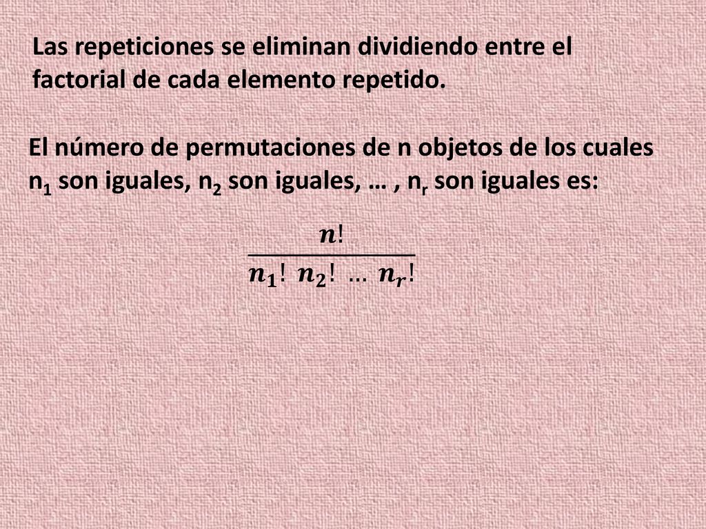 Las repeticiones se eliminan dividiendo entre el factorial de cada elemento repetido.
