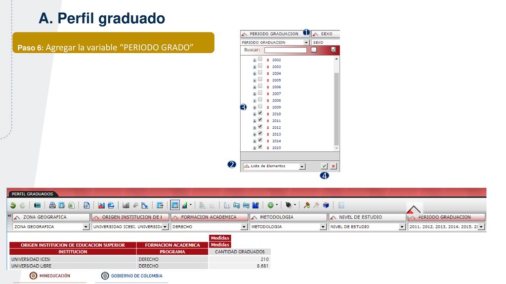 A. Perfil graduado 1 Paso 6: Agregar la variable PERIODO GRADO 3 2 4
