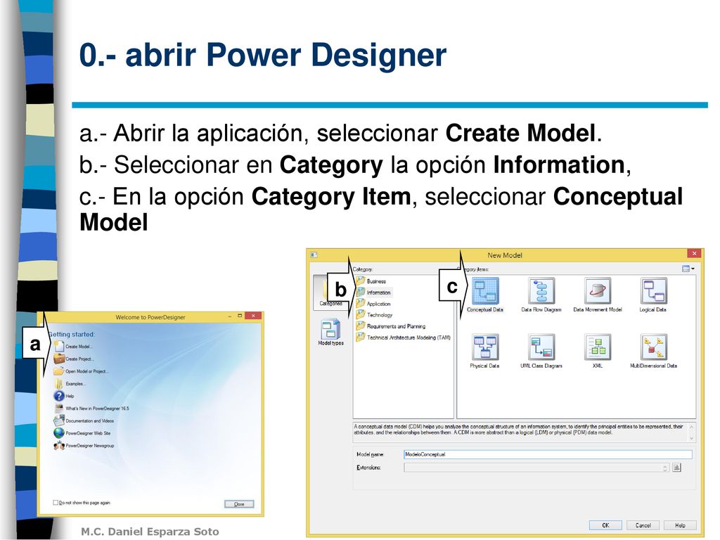 0.- abrir Power Designer a.- Abrir la aplicación, seleccionar Create Model. b.- Seleccionar en Category la opción Information,