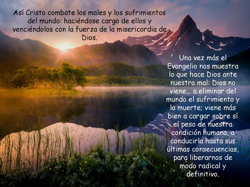 Así Cristo combate los males y los sufrimientos del mundo: haciéndose cargo de ellos y venciéndolos con la fuerza de la misericordia de Dios.